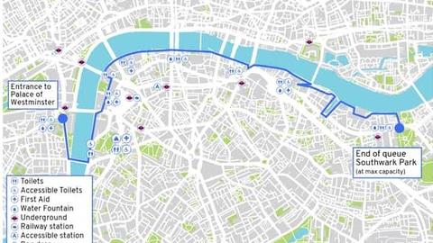 A map of the long queue formed for Queen Elizabeth II in September 2022